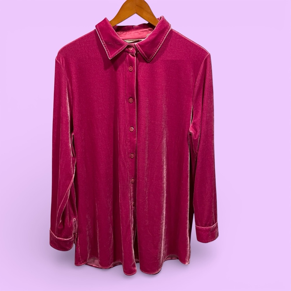 Sweet pink velvet oversized button front stretchy shirt Soft Surroundings
